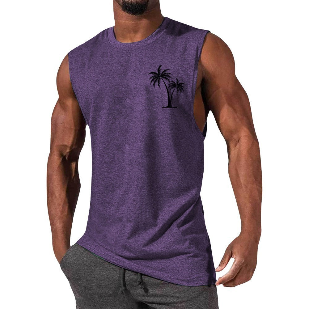 Coconut Tree Embroidery Vest Summer Beach Tank Tops Workout Muscle Men Sports Fitness T-shirt