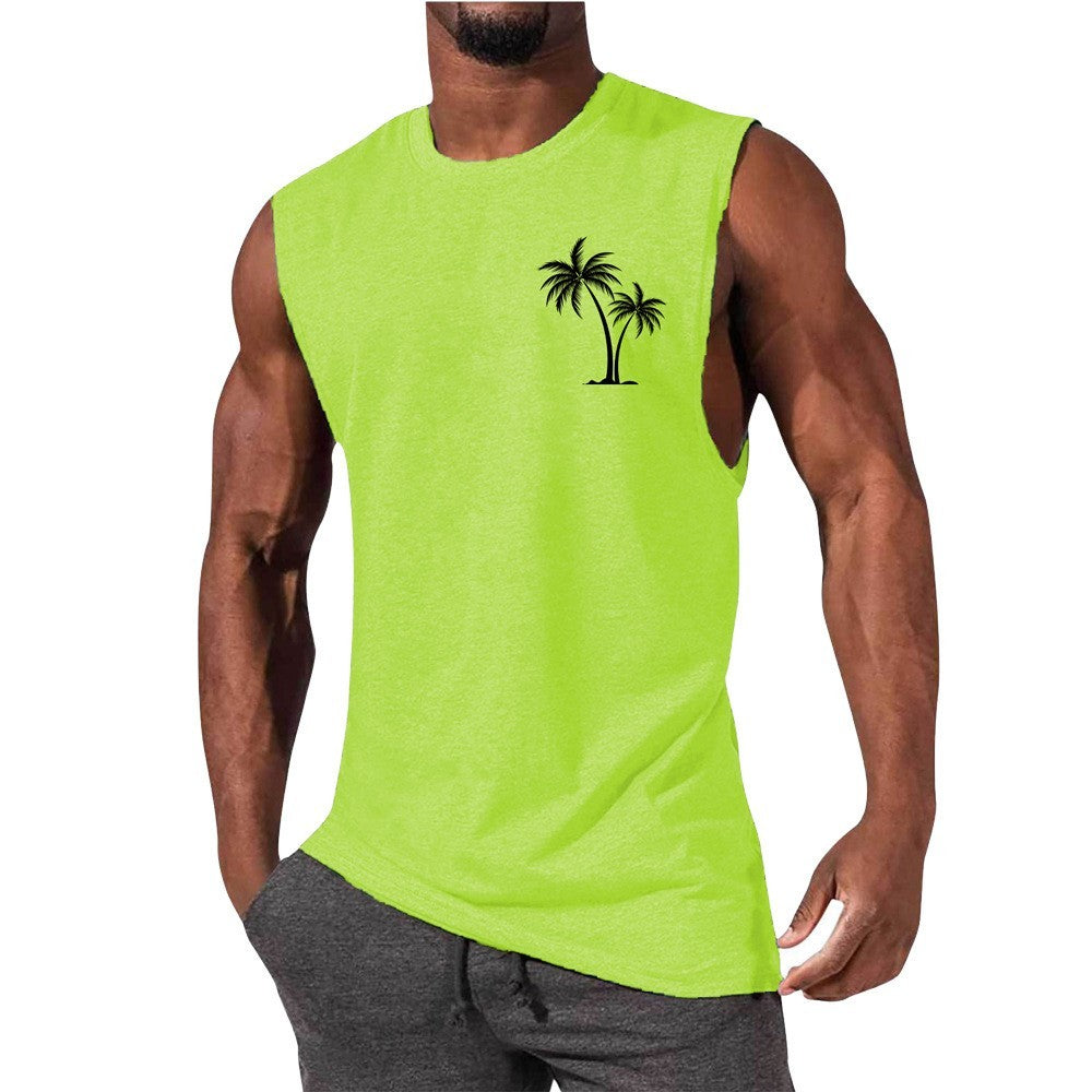 Coconut Tree Embroidery Vest Summer Beach Tank Tops Workout Muscle Men Sports Fitness T-shirt