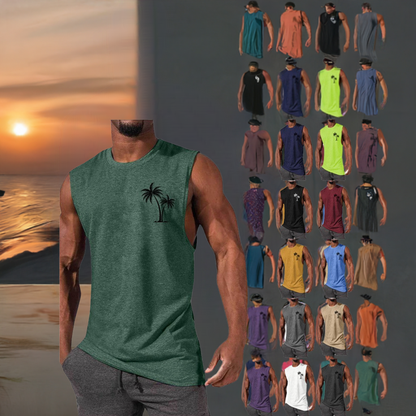 Coconut Tree Embroidery Vest Summer Beach Tank Tops Workout Muscle Men Sports Fitness T-shirt